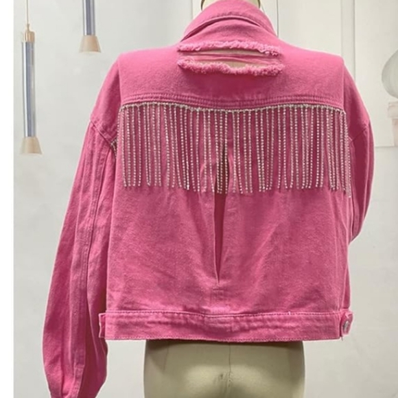 Rhinestone Fringe Pink Denim Jacket - Picture 4 of 7